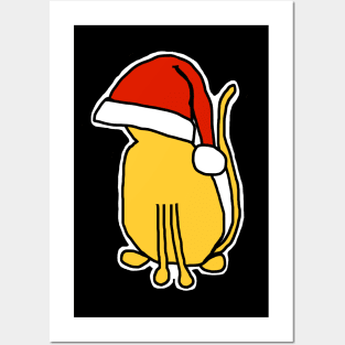 Yellow Cat in a Christmas Santa Hat Posters and Art